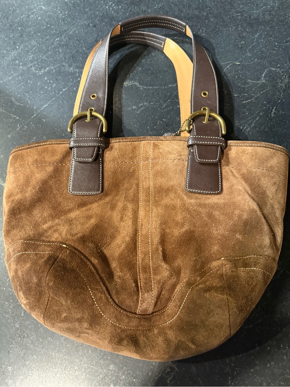 Y2K Coach Brown Suede Buckle Tote Bag with Dark Leather Straps - Picture 4 of 5
